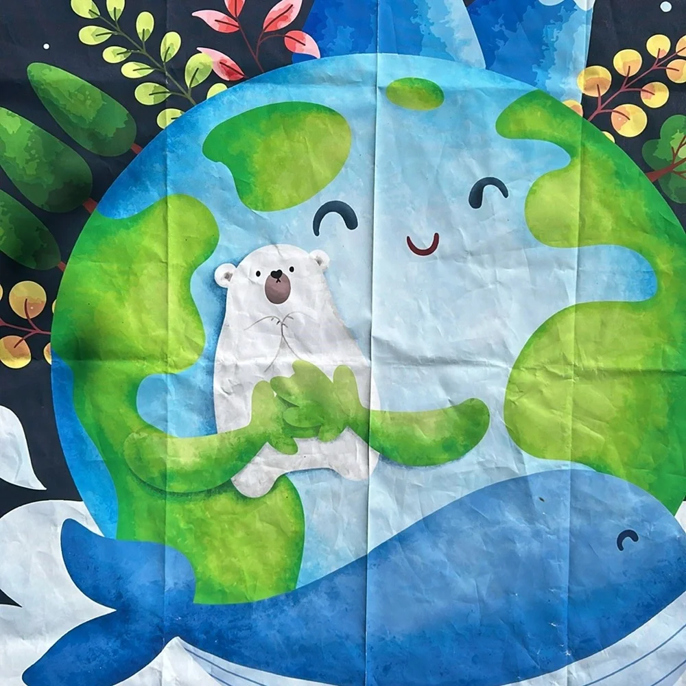 Earth Day backdrop, earth, bear, whale. Space, 3 x 4, blue black, green white